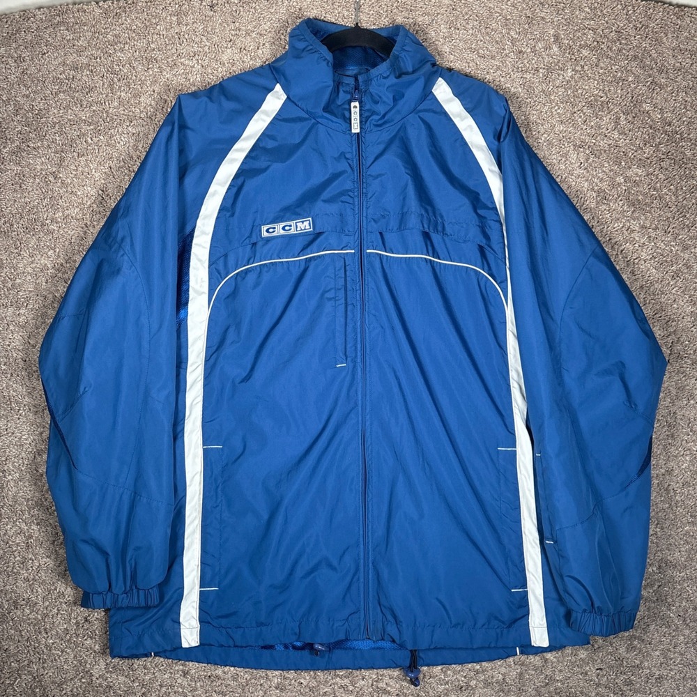 CCM Mens XL Blue White Full Zip Hockey Warmup Jacket Windbreaker AC5014C‎